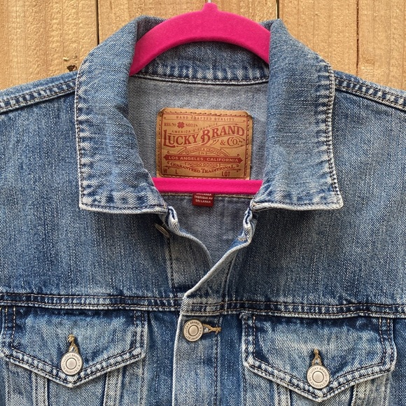 Lucky Brand Tomboy Trucker Jean Jacket Medium Hand Painted Bird Crane Flowers - Picture 8 of 15